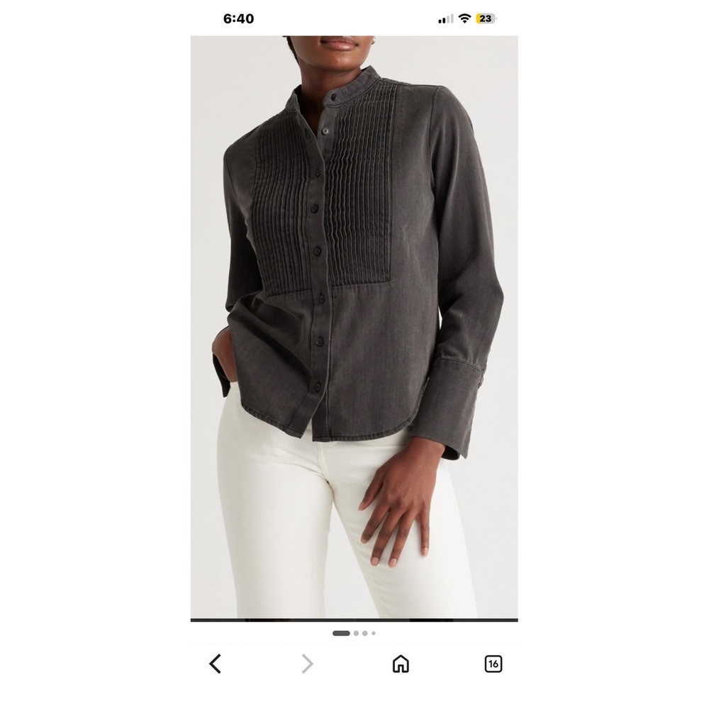 Quince Distressed Denim Pintuck Pleated Tuxedo Shirt L